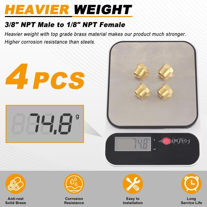 KOOTANS 4pcs Heavy Duty 3/8 NPT Male Thread to 1/8 NPT Female Thread Brass Reducer Hex Bushing Brass Fitting Pipe Hose Tube Adapter Convert - Image 5